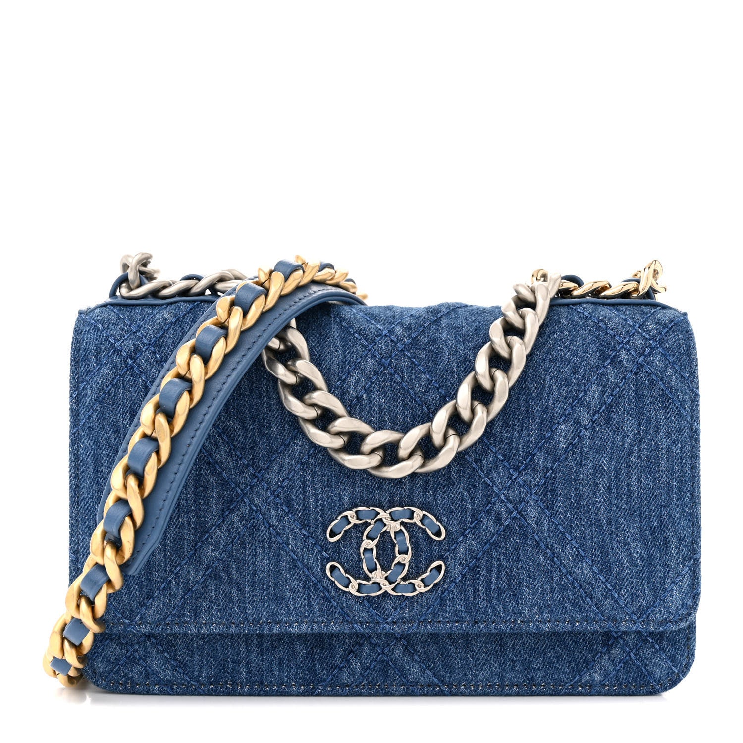 Chanel Denim Quilted Chanel 19 Wallet On Chain WOC Blue 1 of 12