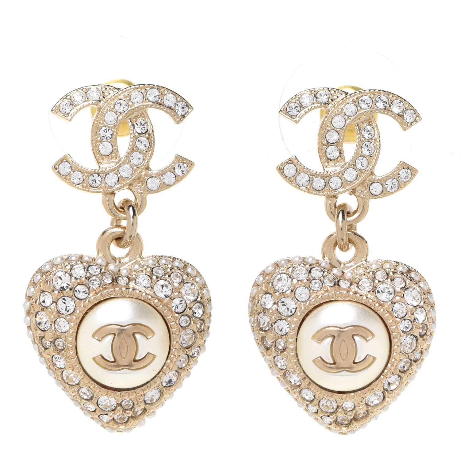 Chanel Pearl Crystal CC Heart Drop Earrings Gold White 1 of 5