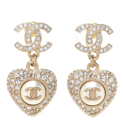 Chanel Pearl Crystal CC Heart Drop Earrings Gold White 1 of 5