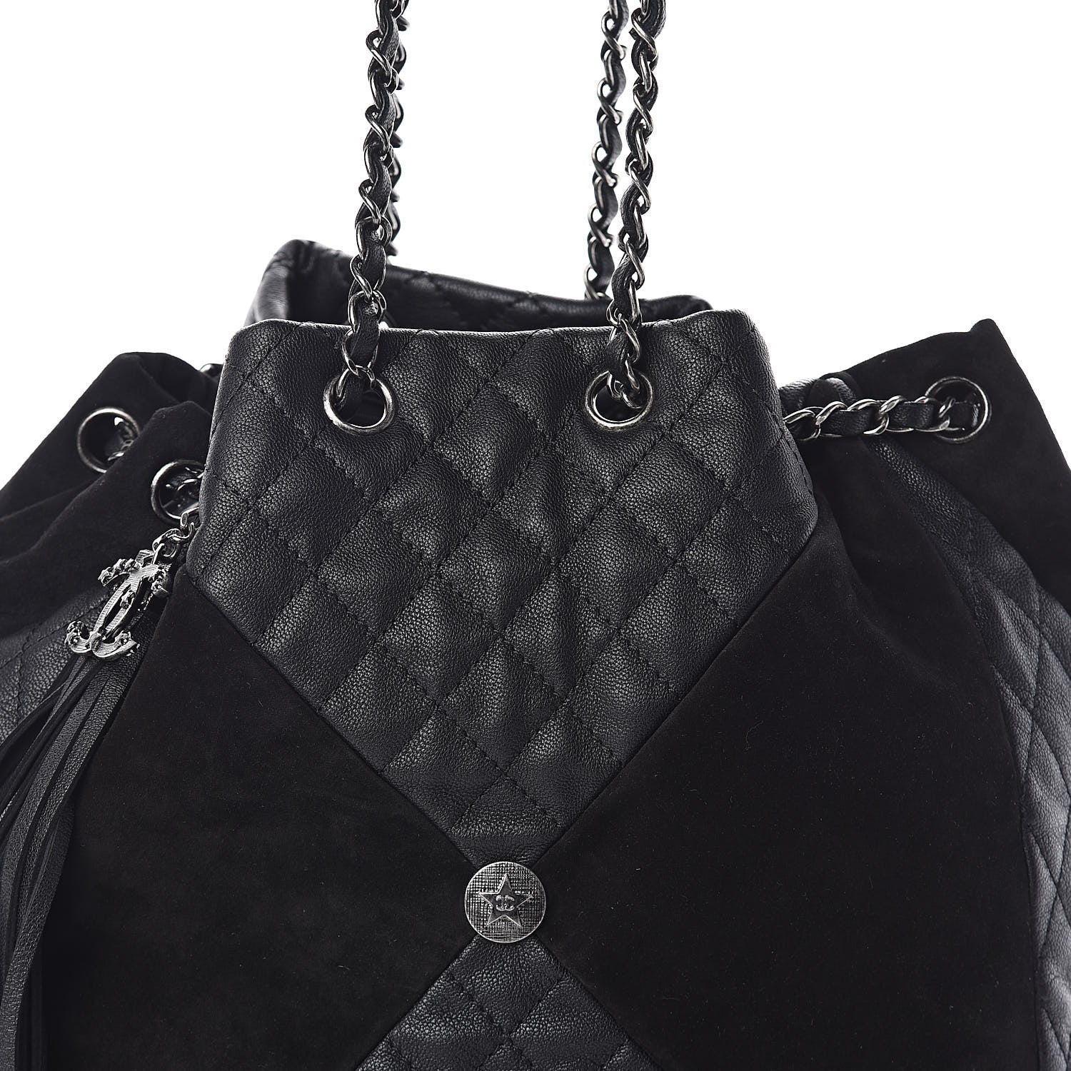 Chanel Goatskin Suede Calfskin Quilted Patchwork Drawstring Bag Black 8 of 10