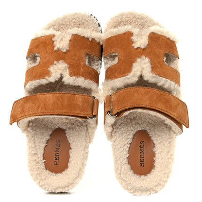 Hermes Suede Goatskin Woolskin Womens Chypre Sandals 37 Naturel Ecru 2 of 9