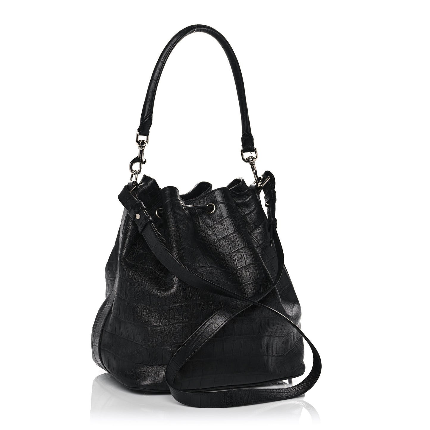 Calfskin Crocodile Embossed Large Emmanuelle Bucket Bag Black