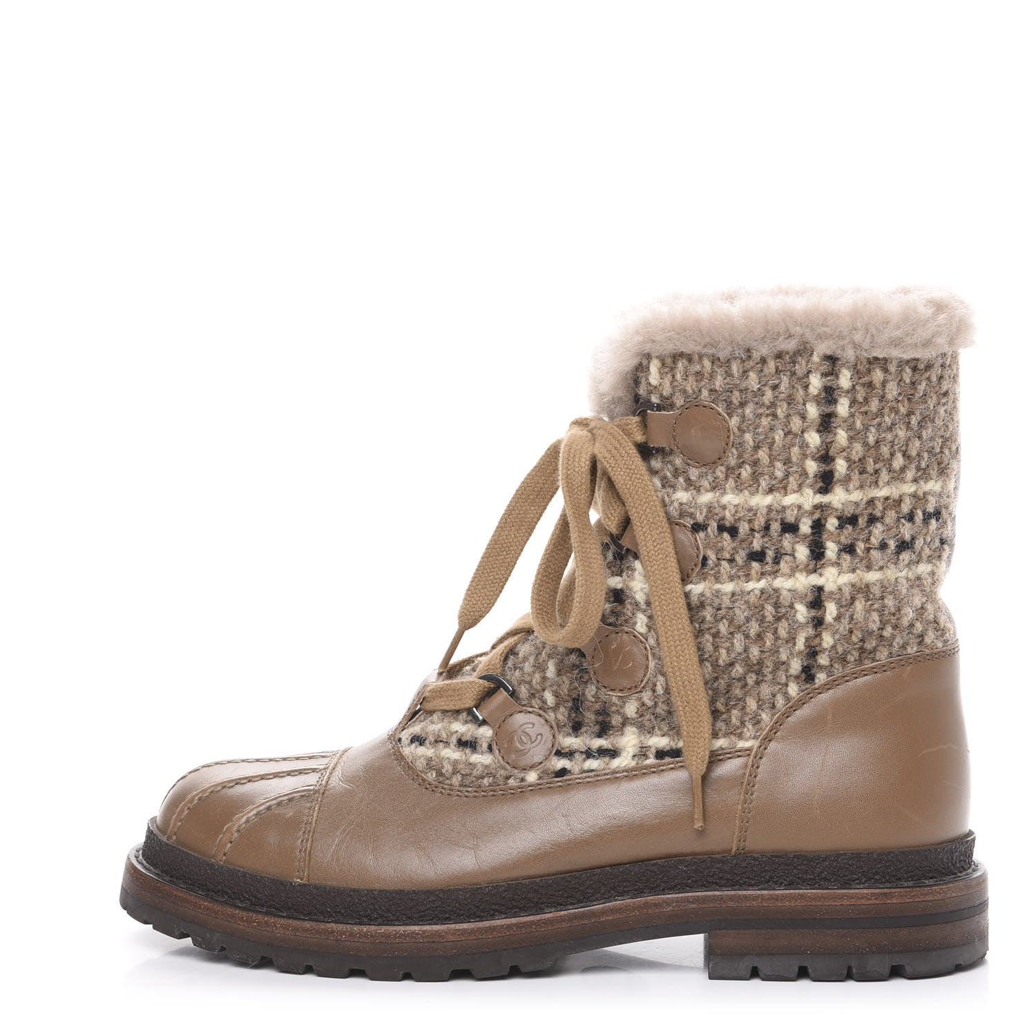 Chanel Tweed Shearling Lace Up Short Boots 38.5 Beige 1 of 9