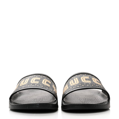Gucci X SEGA Supreme Canvas GUCCY Stars Womens Slide Sandals 36 Black Gold 2 of 8