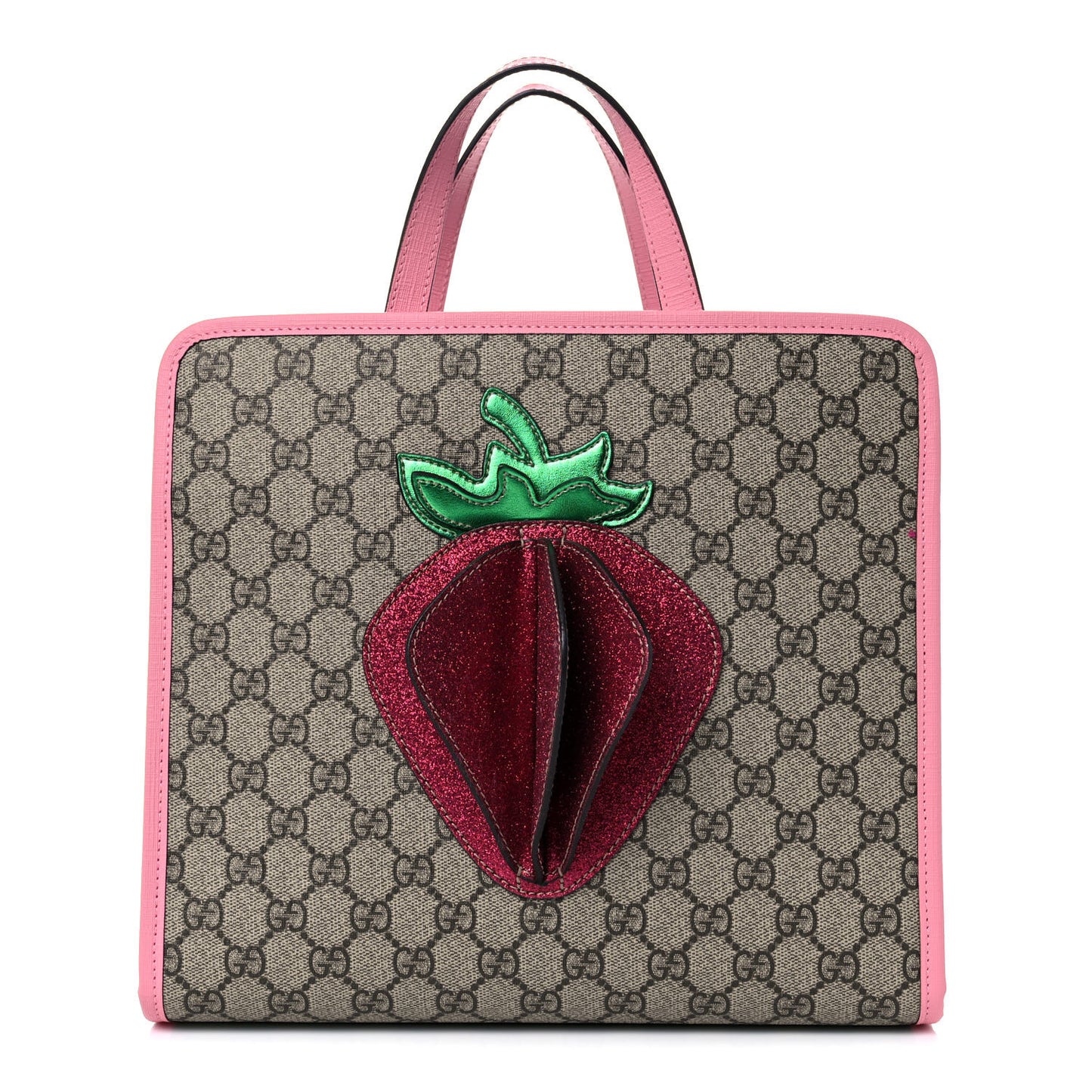 GG Supreme Monogram 3-D Strawberry Childrens Tote Beige Ebony Lotus Pink Fuxia Emerald