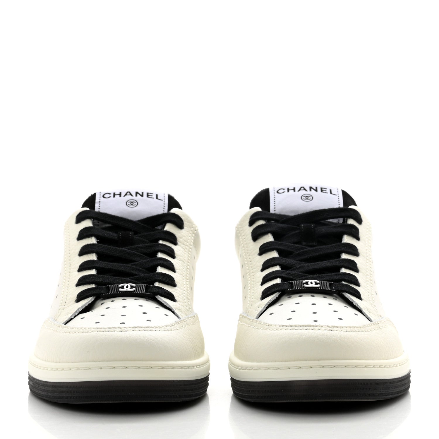 Chanel Grained Calfskin Fabric Womens Logo Sneakers 39.5 White Black 2 of 9