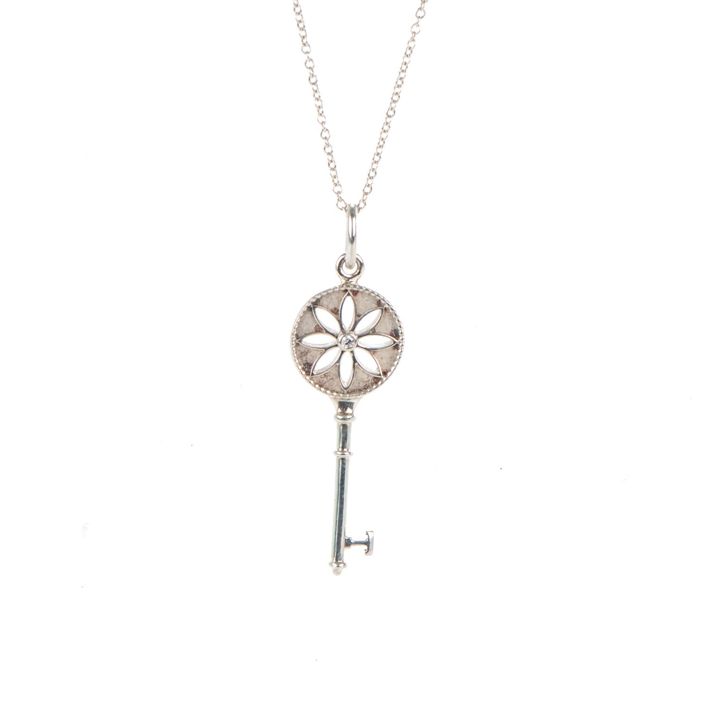 Sterling Silver Diamond Small Daisy Key Pendant Necklace