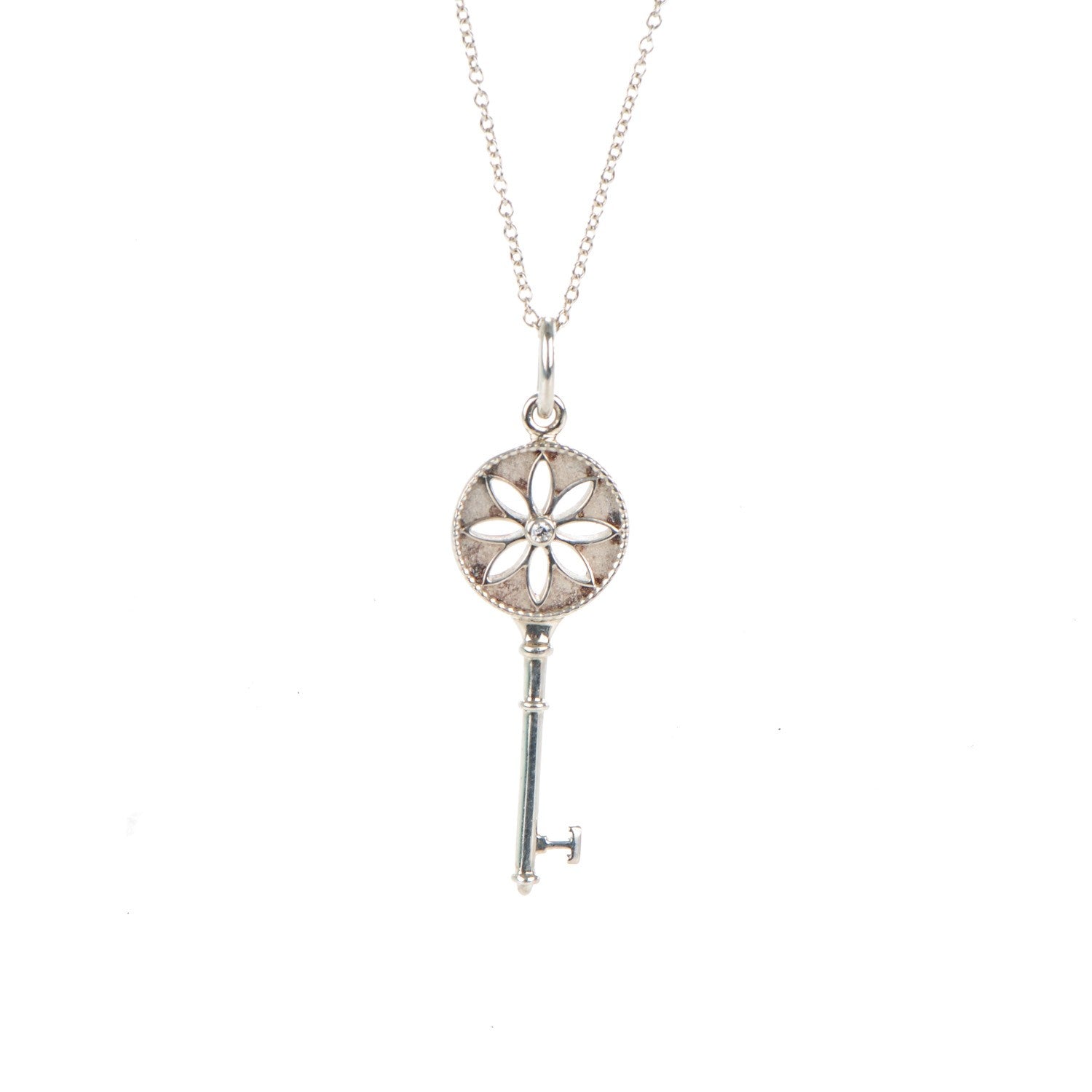 Tiffany Sterling Silver Diamond Small Daisy Key Pendant Necklace 3 of 7