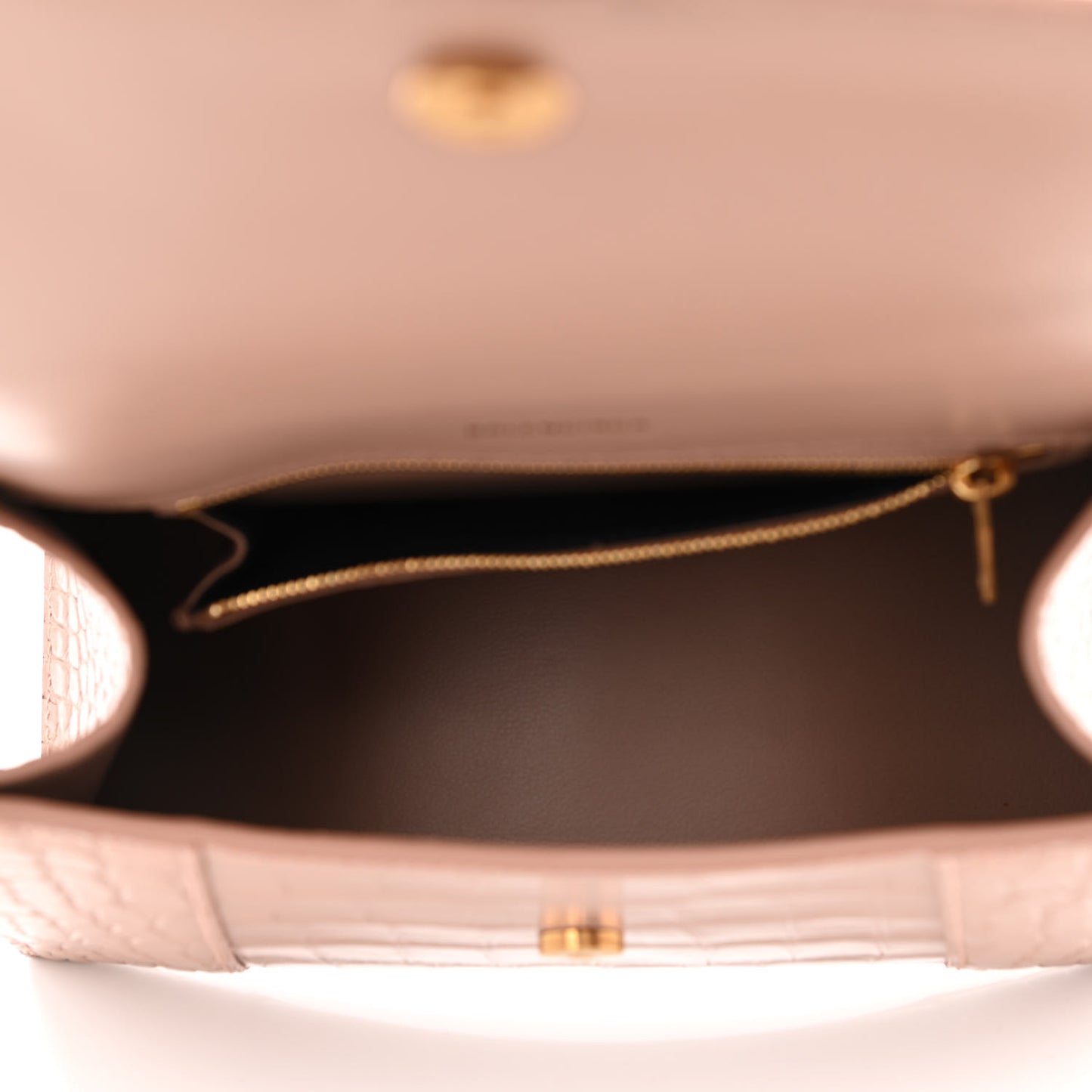 Shiny Calfskin Crocodile Embossed Small Hourglass Top Handle Bag Nude Beige