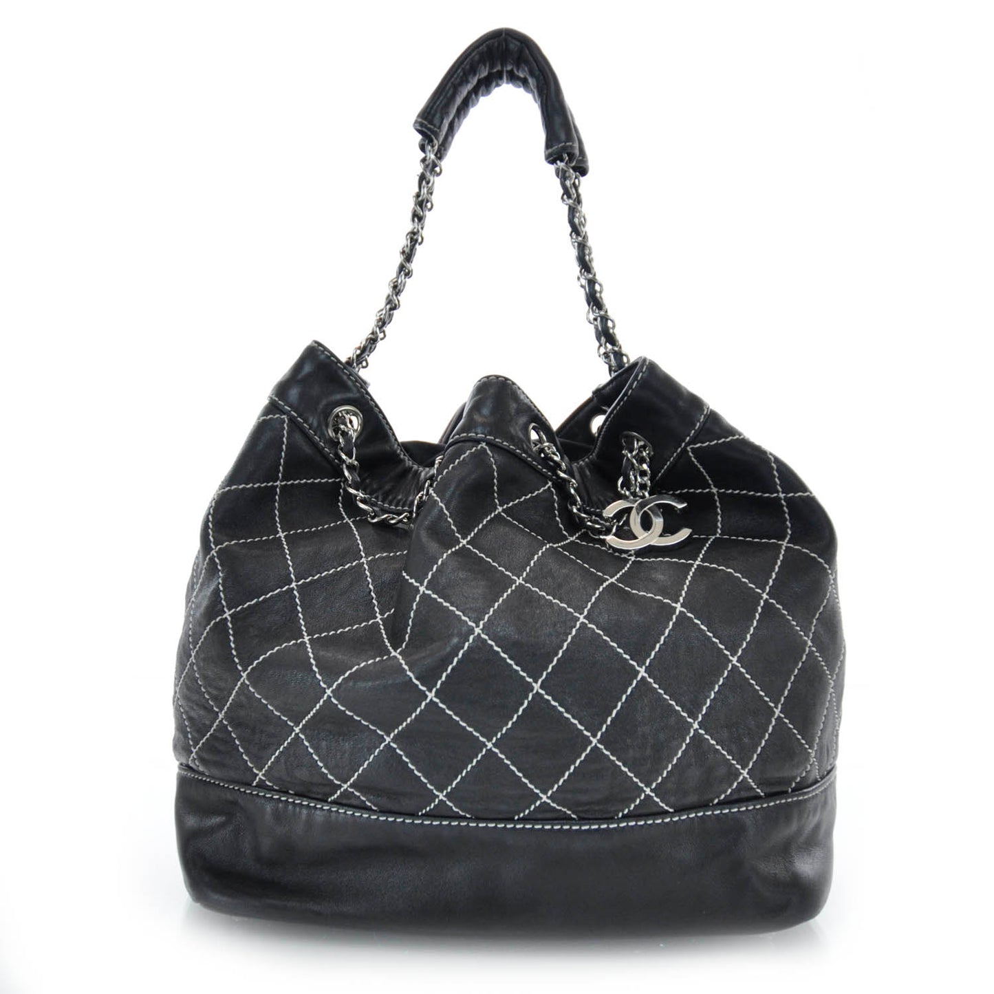 Leather Contrast Stitch Drawstring Tote Black