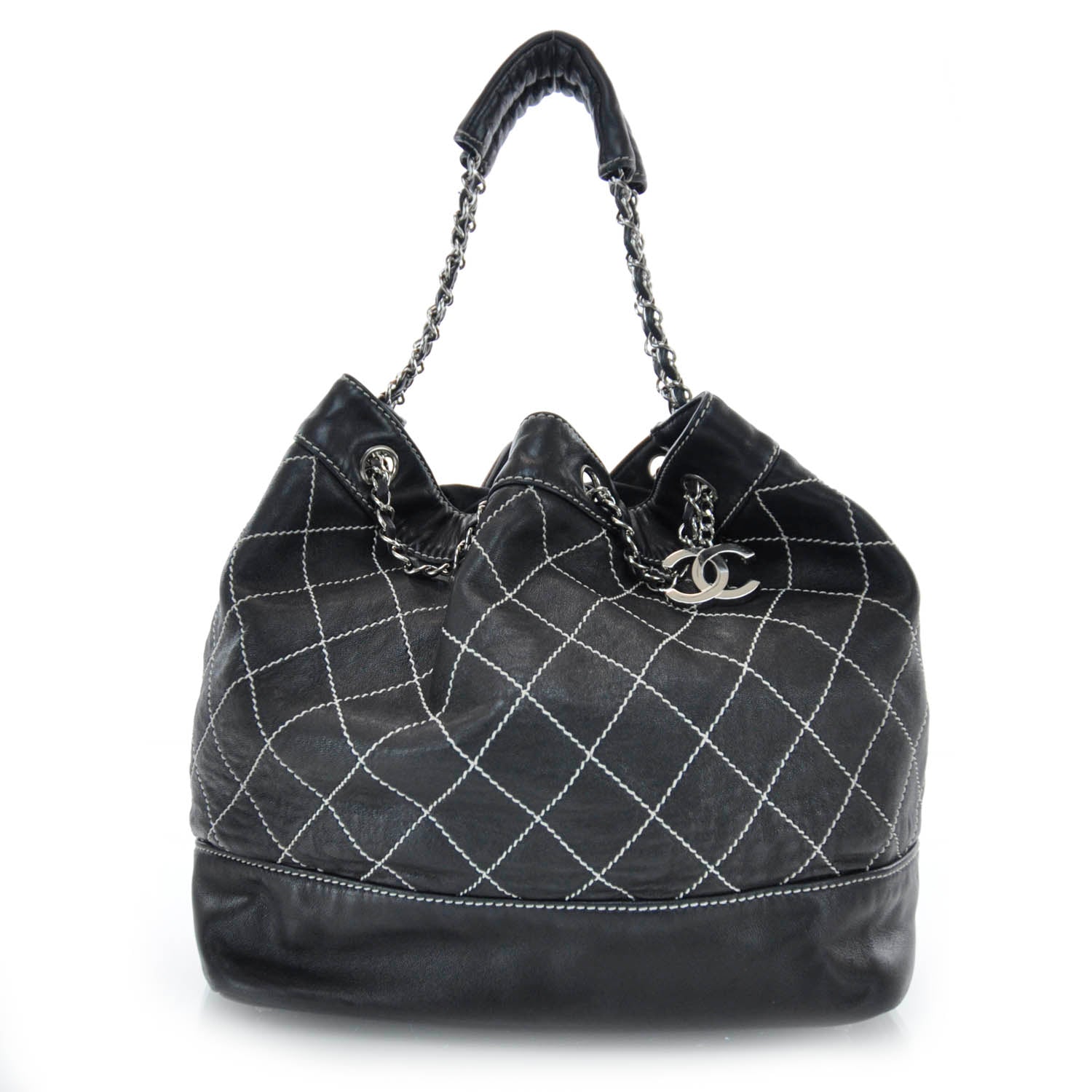 Chanel Leather Contrast Stitch Drawstring Tote Black 1 of 8
