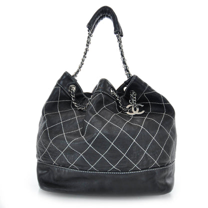 Chanel Leather Contrast Stitch Drawstring Tote Black 1 of 8
