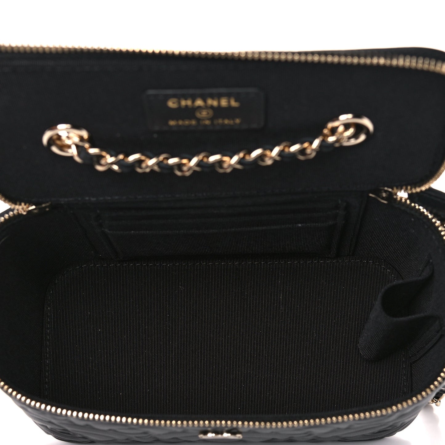 Lambskin Camellia Embossed Small Vanity Case With Chain Black