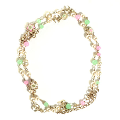 Chanel Pearl Camellia CC Long Necklace Gold Pink Green 1 of 6