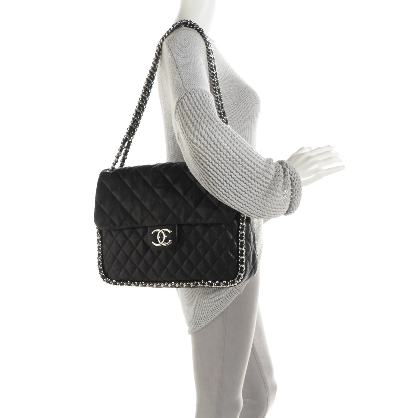 Washed Lambskin Quilted Maxi Chain Around Flap Black