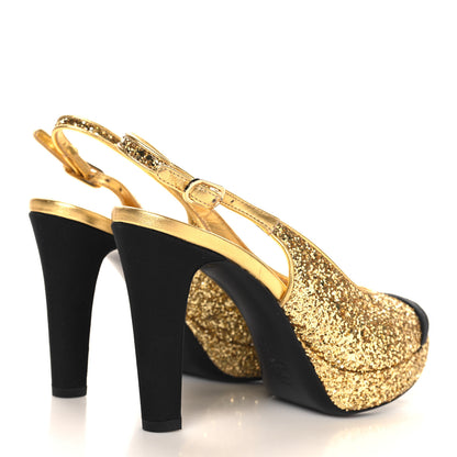 Chanel Glitter Grosgrain Cap Toe CC Slingback Pumps 36 Gold Black 5 of 9