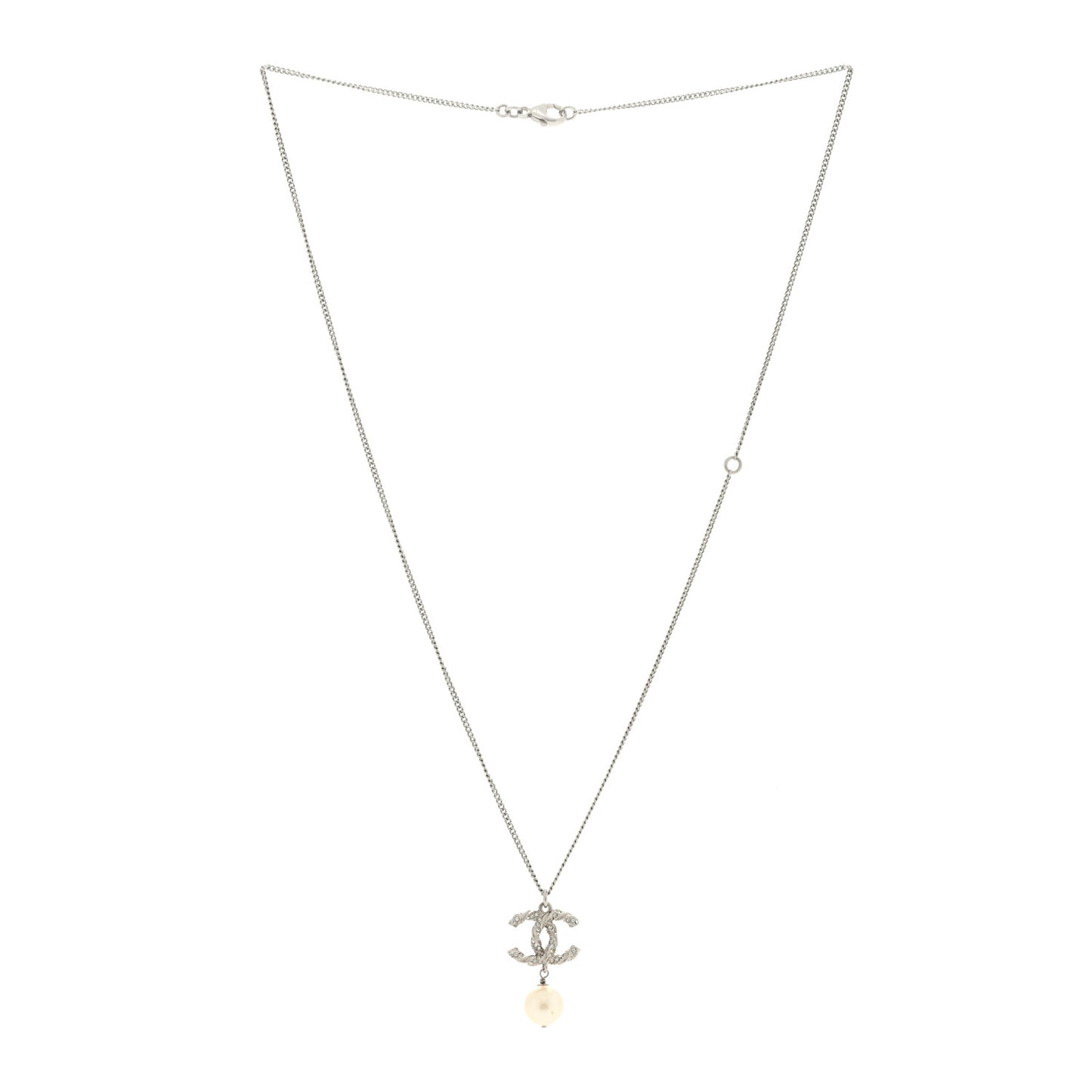 Crystal Pearl Twisted CC Drop Necklace Silver