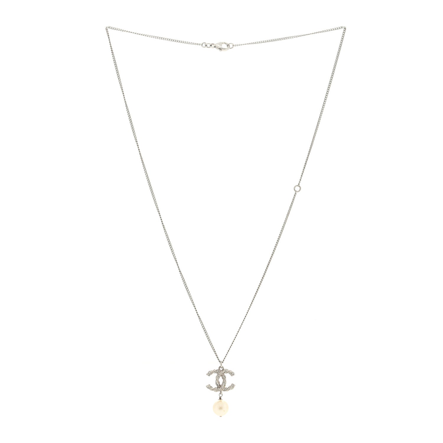 Chanel Crystal Pearl Twisted CC Drop Necklace Silver 2 of 4