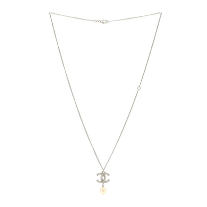 Chanel Crystal Pearl Twisted CC Drop Necklace Silver 2 of 4