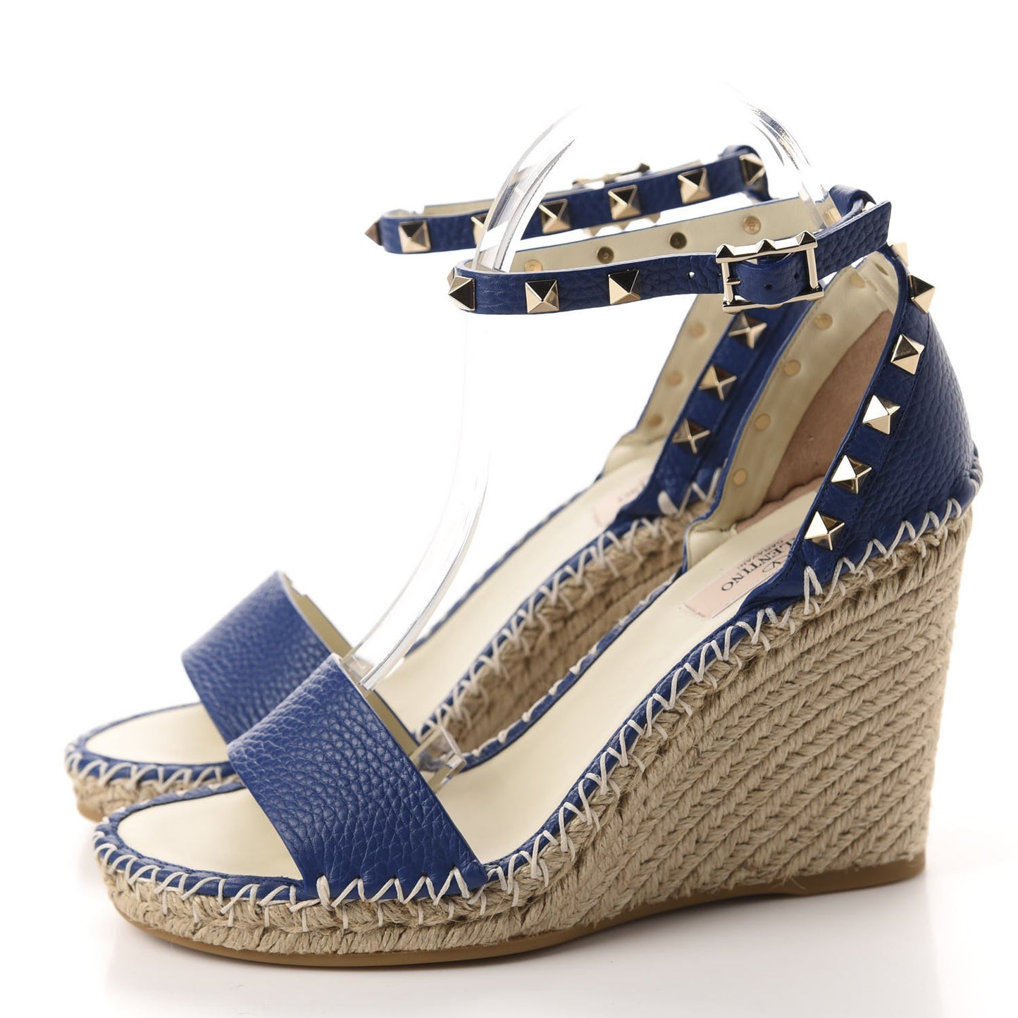 Grained Calfskin Rockstud Ankle Strap Espadrille 15/105mm Wedge Sandals 38 Blu Delft Natural