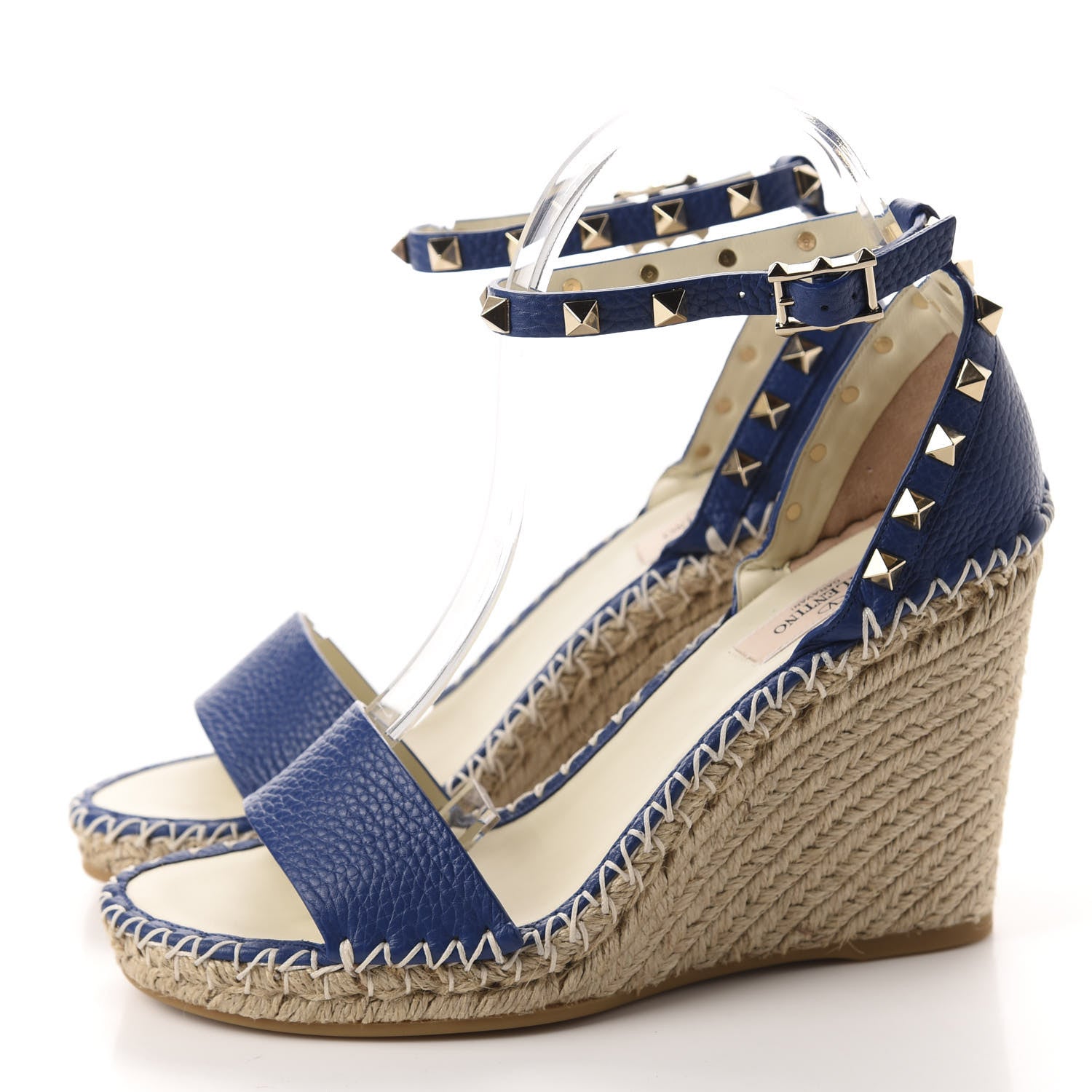 Valentino Garavani Grained Calfskin Rockstud Ankle Strap Espadrille 15/105mm Wedge Sandals 38 Blu Delft Natural 3 of 10