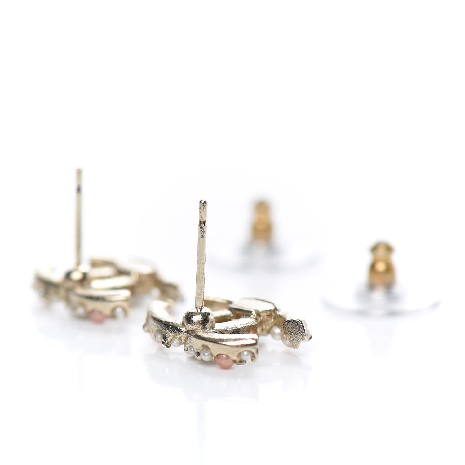 Chanel Pearl Crystal CC Charms Stud Earrings Light Gold Pink 4 of 4