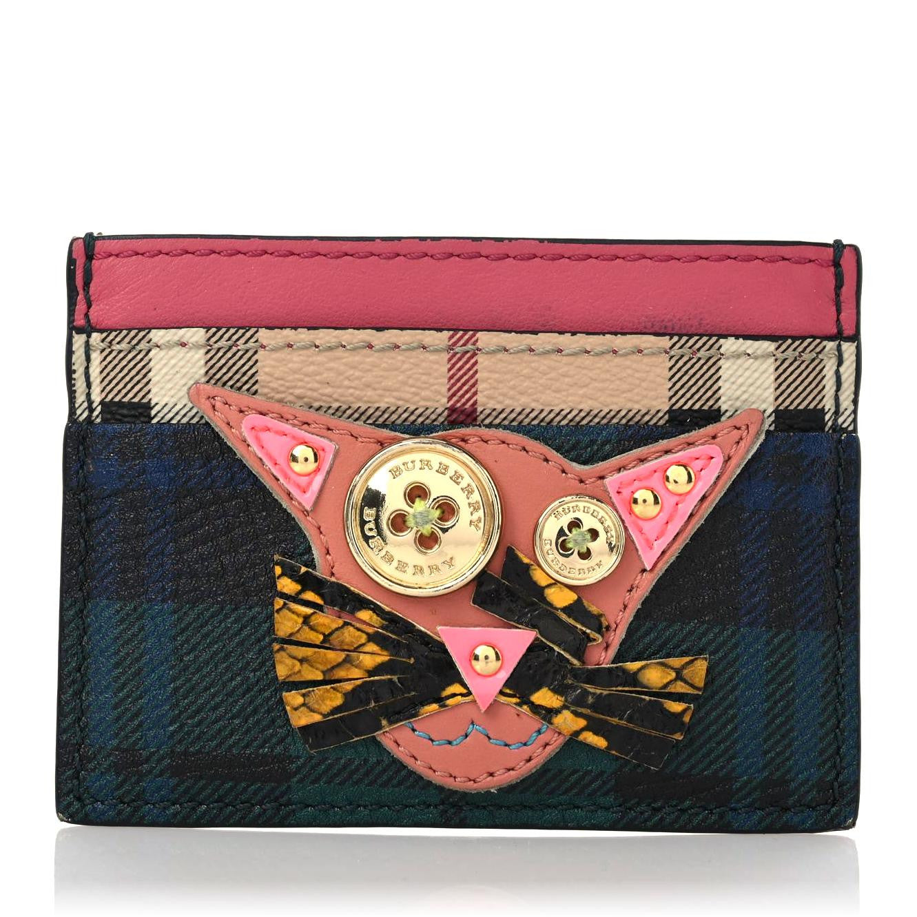 Burberry Calfskin Haymarket Check Cat Appliqué Card Case Multicolor 1 of 16