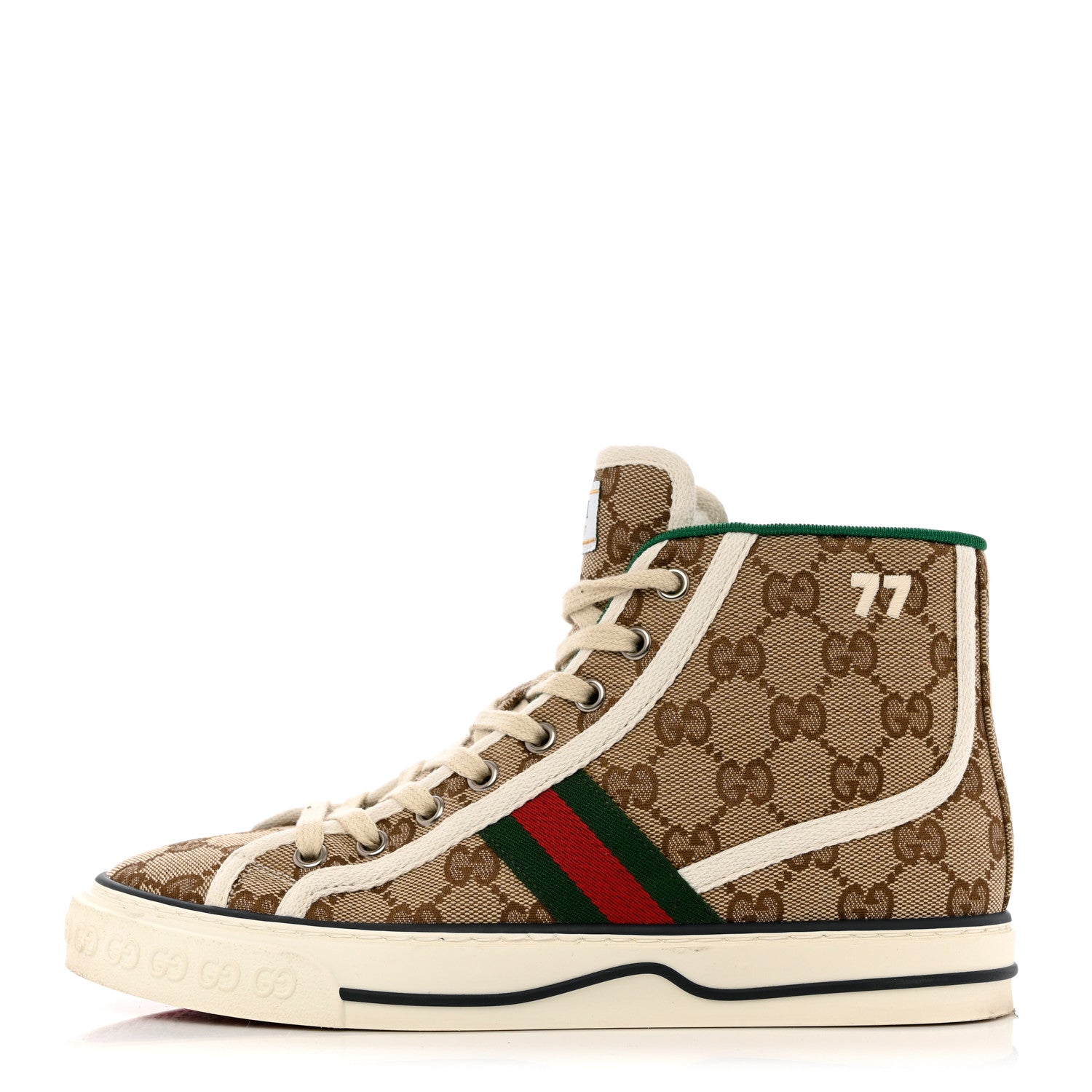 Gucci GG Monogram Web Womens 1977 Tennis High Top Sneakers 37.5 Beige Ebony Mystic White 1 of 11