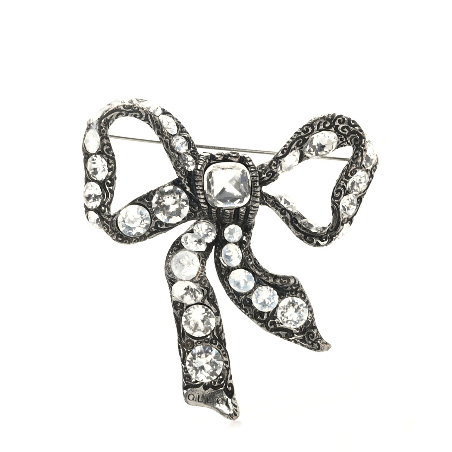 Gucci Metal Crystal Bow Brooch Silver 1 of 3