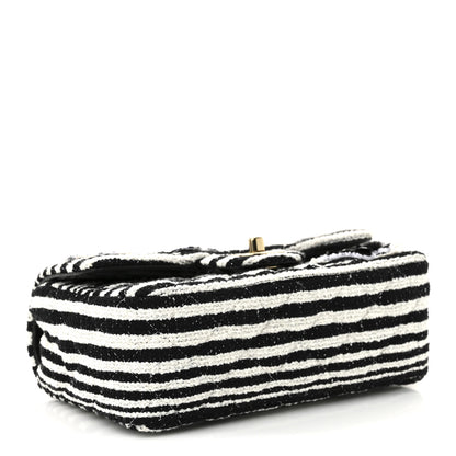 Chanel Striped Tweed Sequin Quilted Camellia Embellished Mini Rectangular Flap Ecru Black 4 of 11