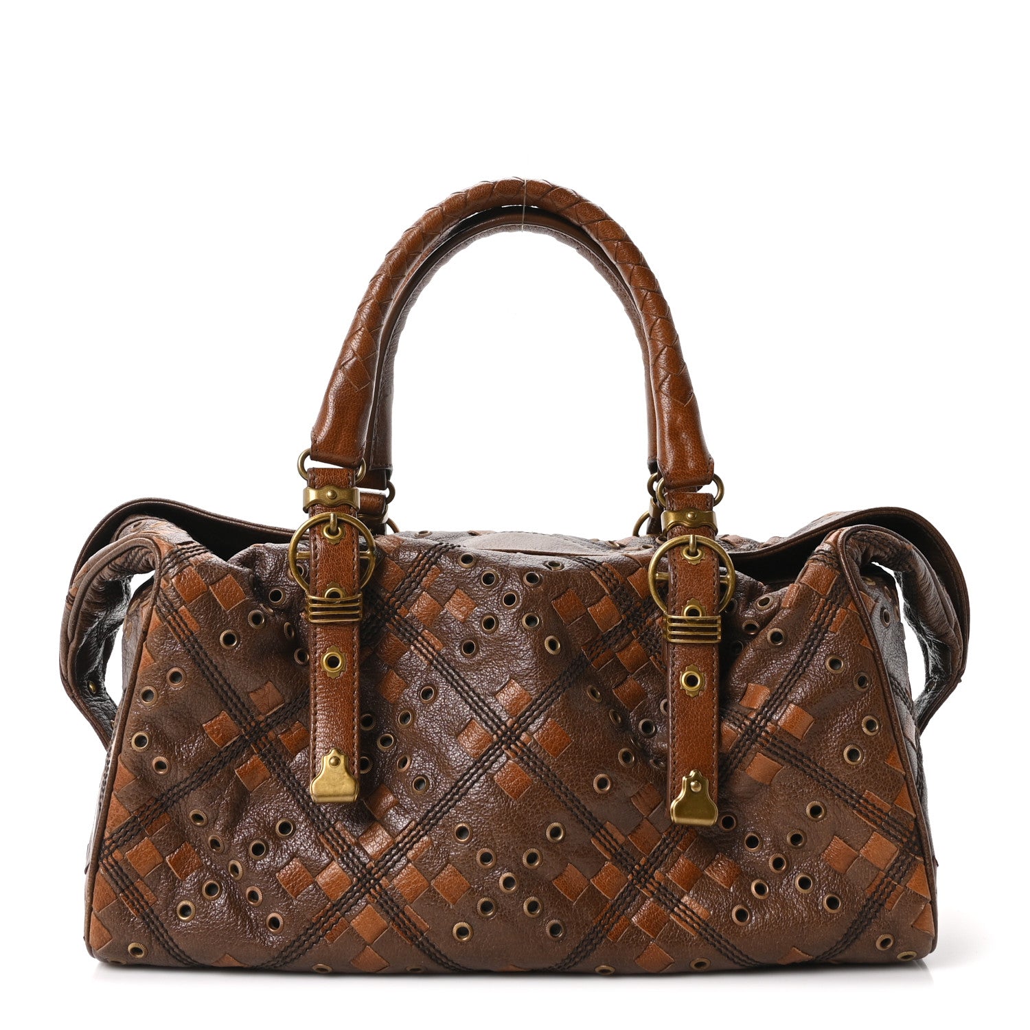 Bottega Veneta Goatskin Grommet Boston Handbag Brown 1 of 9