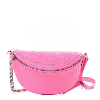 Balenciaga Shiny Goatskin Allover Logo Embossed XXS Souvenir Belt Bag Acid Pink 1 of 8