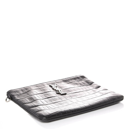Saint Laurent Calfskin Crocodile Embossed Monogram Zip Pouch Black 4 of 8