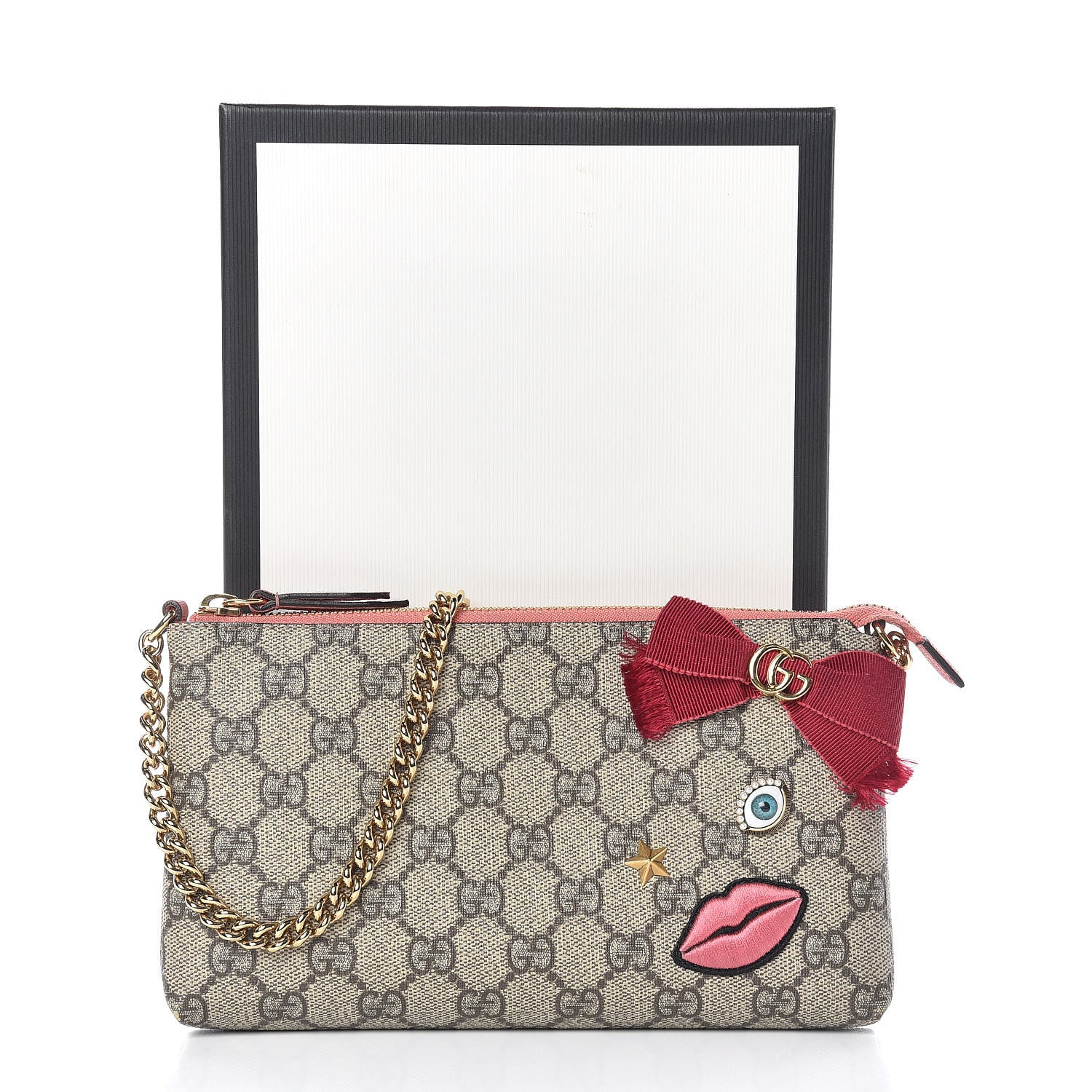 Gucci GG Supreme Monogram Embroidered Face Chain Wrist Wallet Pink 10 of 10