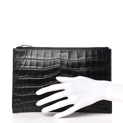 Saint Laurent Calfskin Crocodile Embossed Zip Mini Tablet Sleeve Black 2 of 7