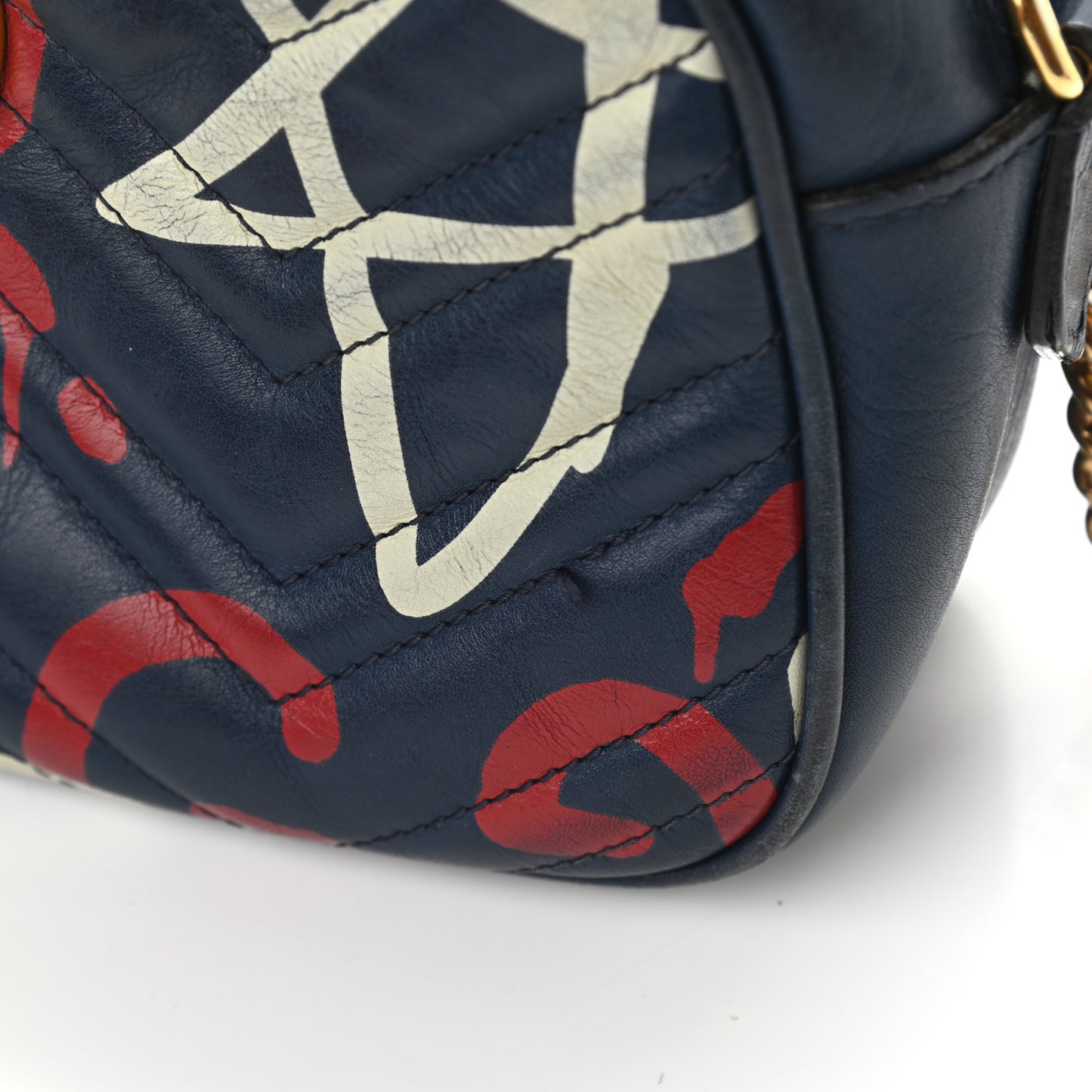 Calfskin Matelasse GucciGhost Small GG Marmont Chain Shoulder Bag Blue Agata Hibiscus Red