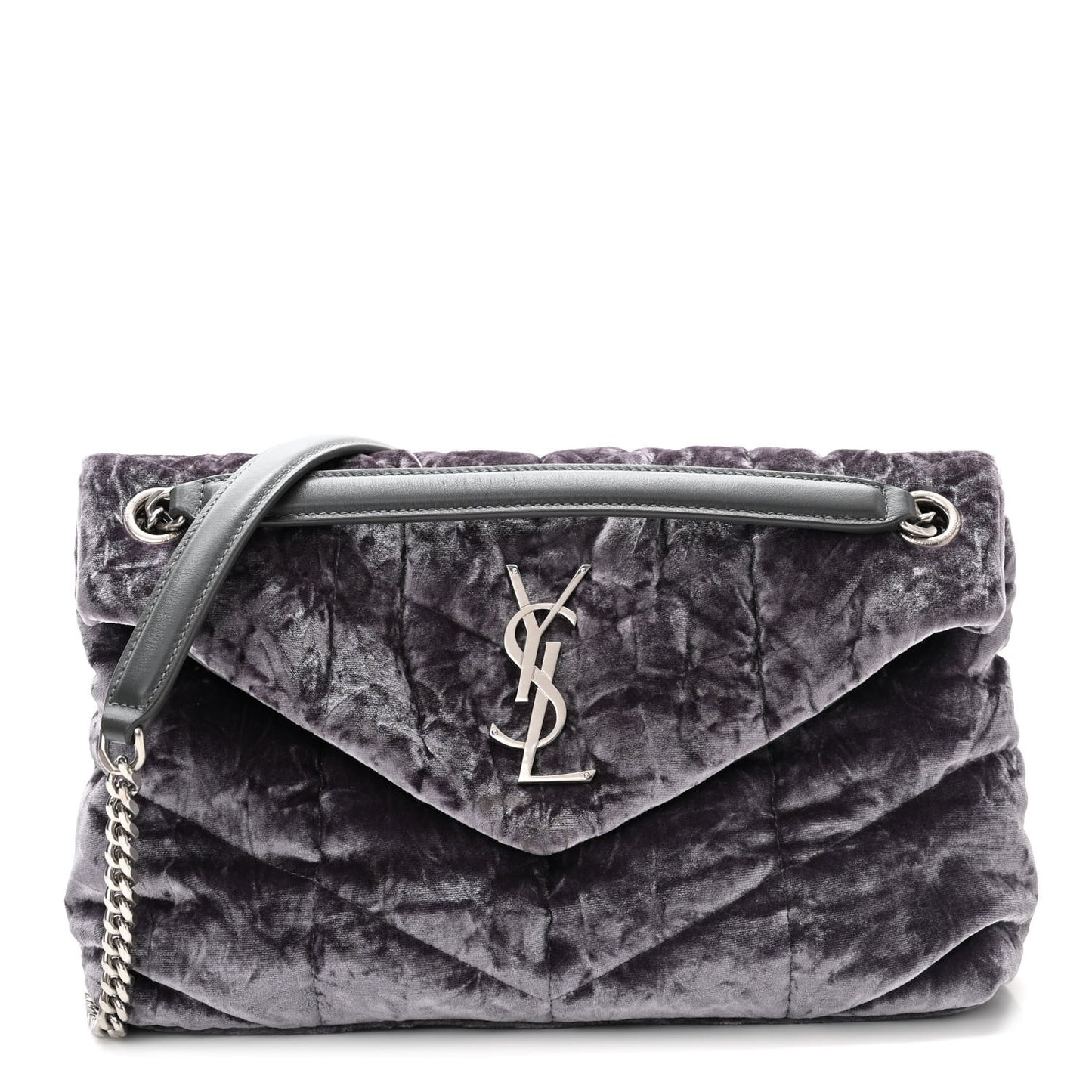 Crushed Velvet Quilted Small Loulou Puffer Monogram Chain Satchel Cloud Grey