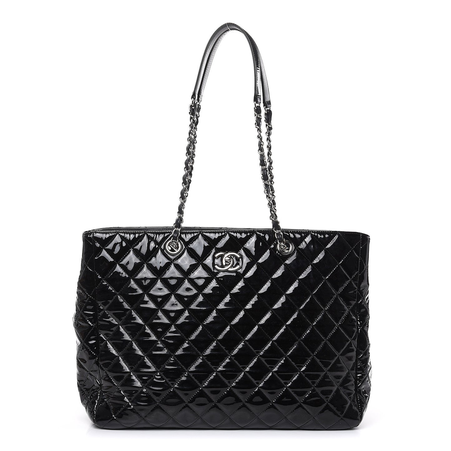 Patent Quilted Large Classic Shopping Tote Black