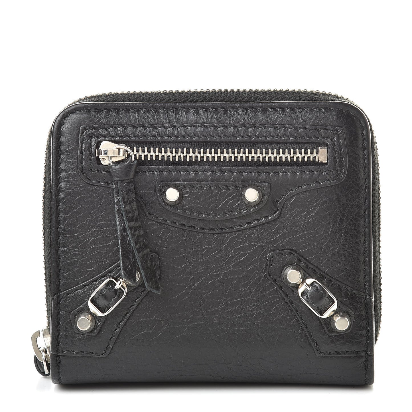 Agneau Classic Silver Hardware Compact Wallet Black