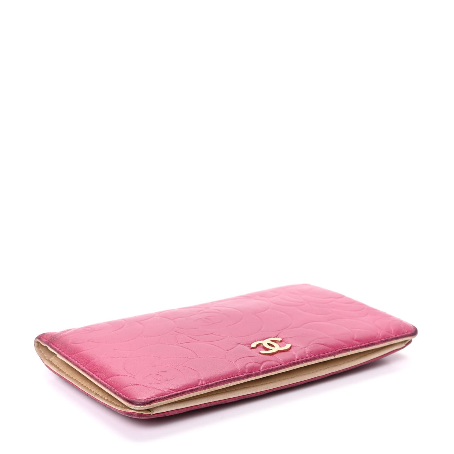 Lambskin Camellia Embossed Yen Wallet Fuchsia
