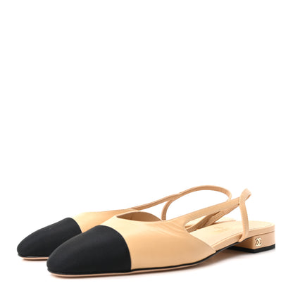 Chanel Goatskin Grosgrain Pointed Toe CC Slingback Flats 40.5 Beige Black 4 of 10