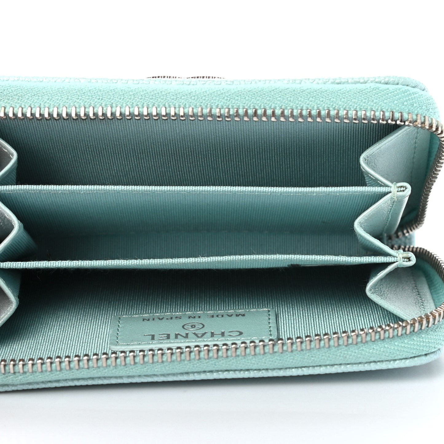 Metallic Caviar Chevron Quilted Vintage Mademoiselle Zip Coin Purse Light Blue