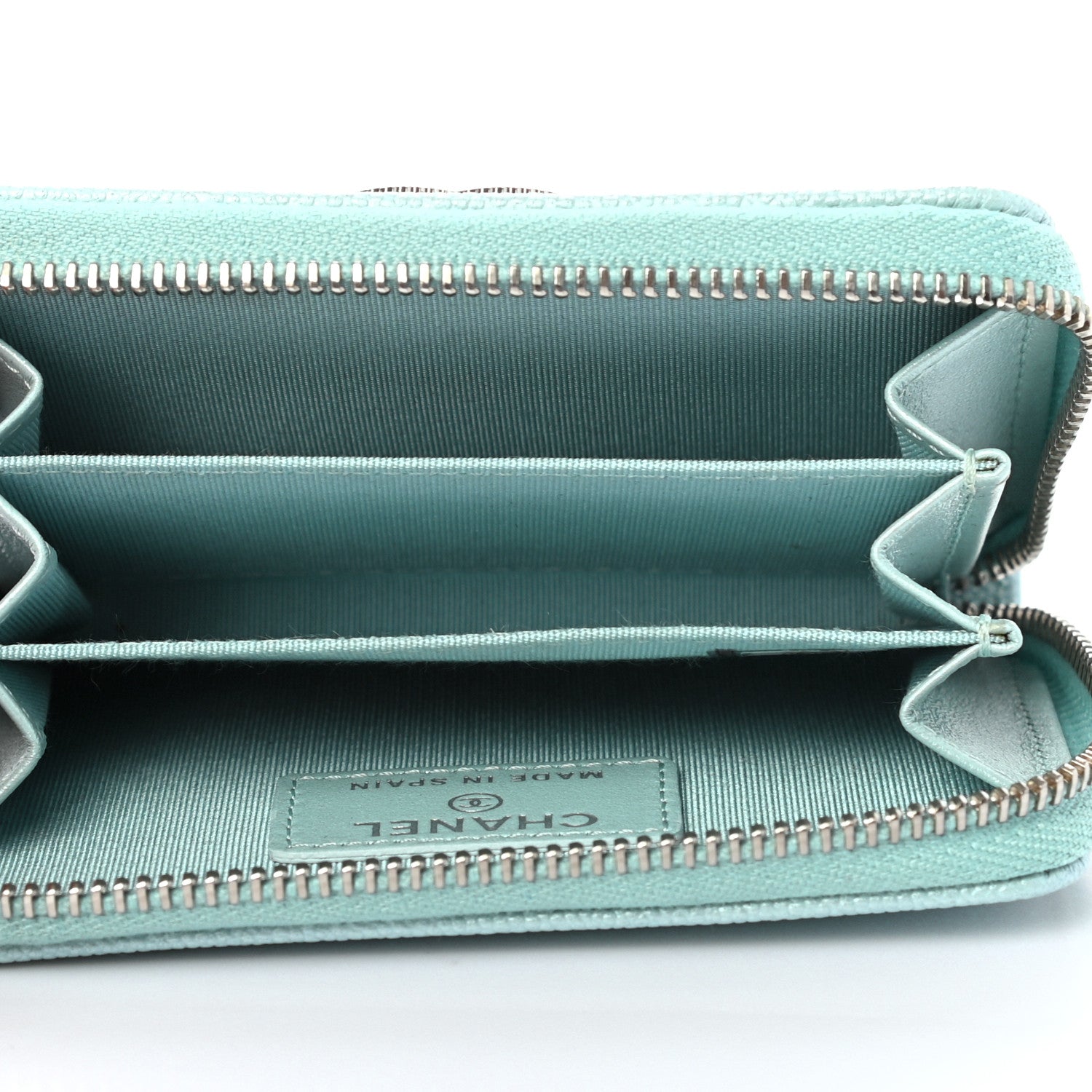 Chanel Metallic Caviar Chevron Quilted Vintage Mademoiselle Zip Coin Purse Light Blue 5 of 7