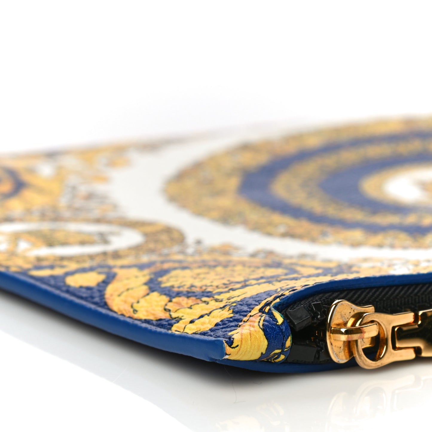 Grained Calfskin Baroque Print Zip Pouch Blue