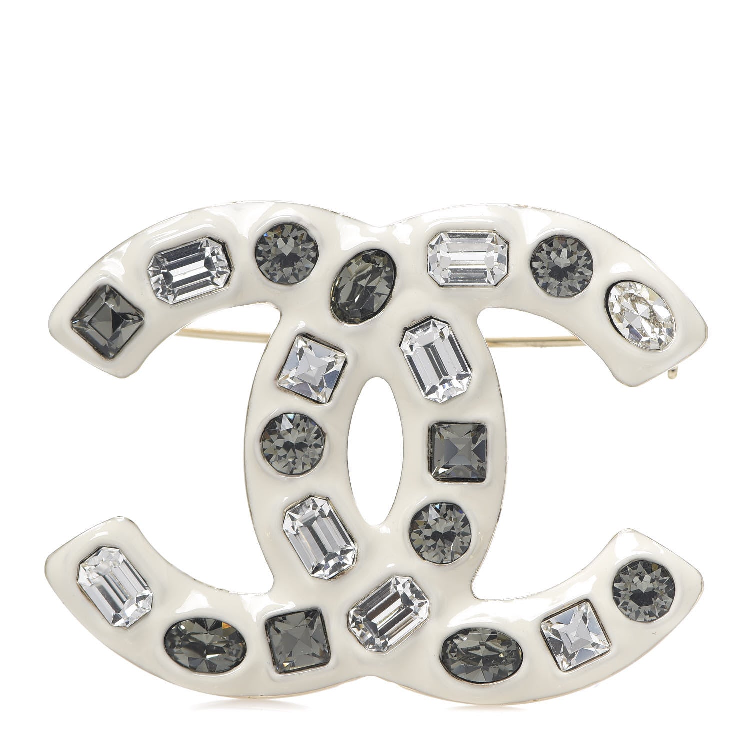 Chanel Crystal Enamel CC Brooch White Grey 1 of 3