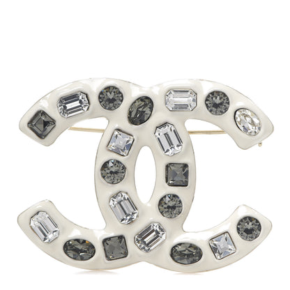 Chanel Crystal Enamel CC Brooch White Grey 1 of 3