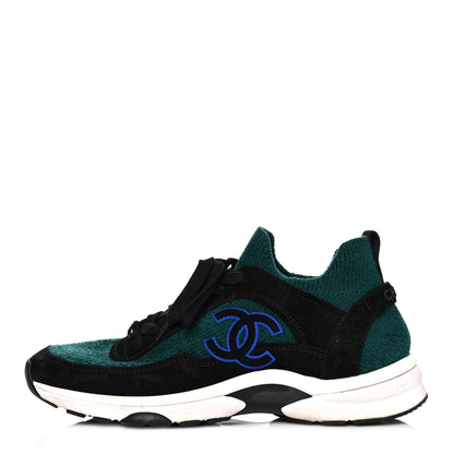 Chanel Fabric Suede Calfskin Womens CC Sneakers 40 Dark Green Black 1 of 8