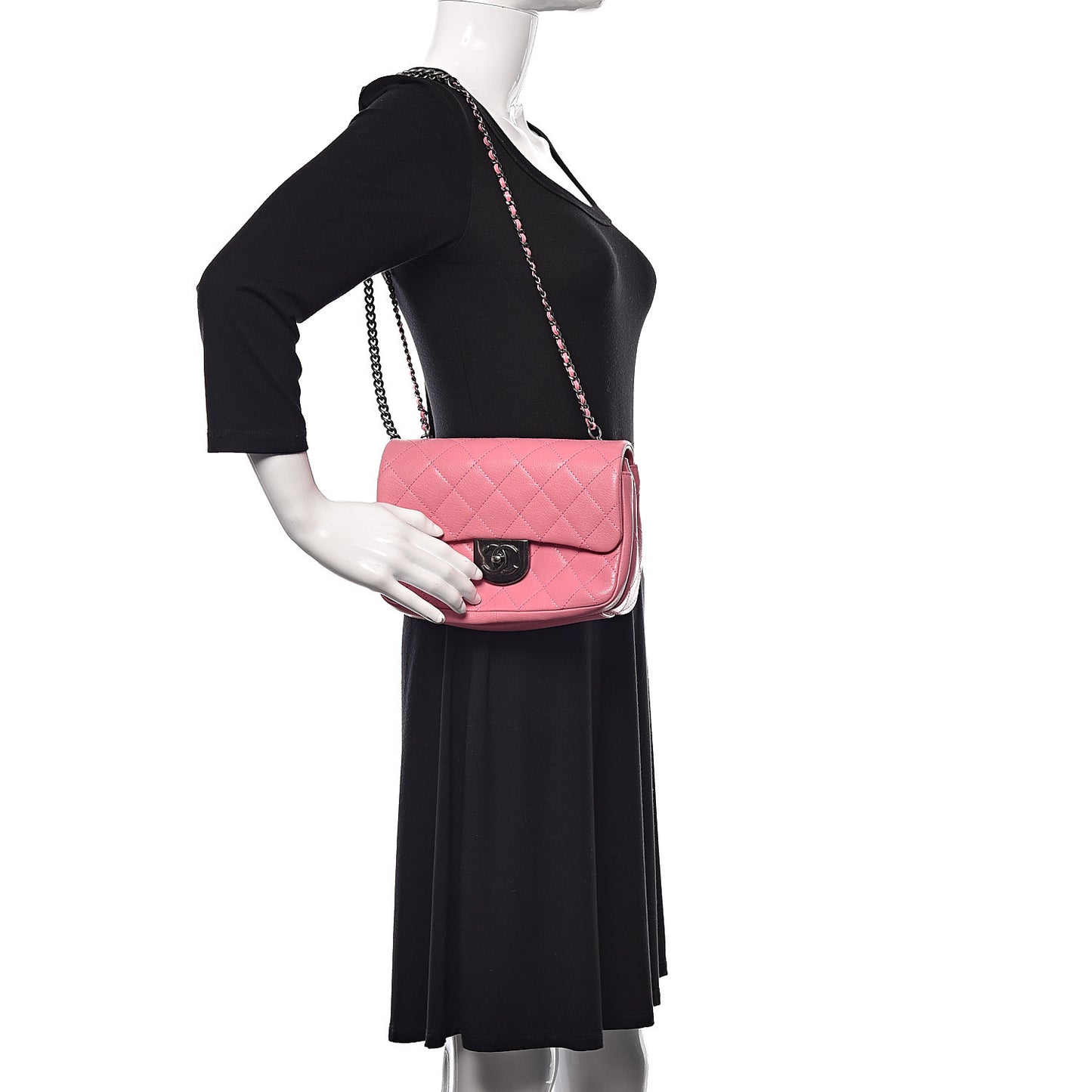 Shiny Goatskin Quilted Small Double Carry Waist Chain Flap Pink