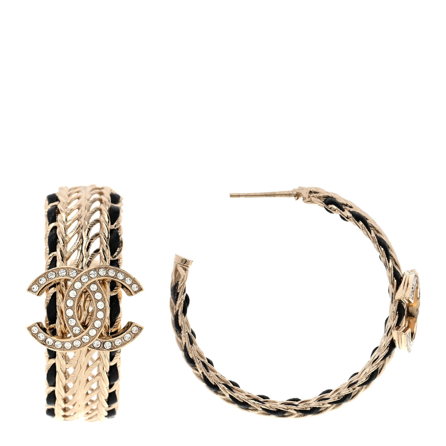 Crystal Lambskin CC Double Chain Hoop Earrings Gold Black