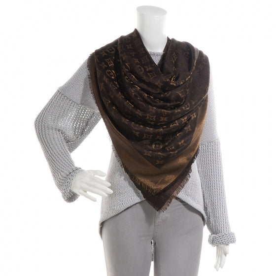 Louis Vuitton Silk Lurex Wool Monogram Shine Shawl Brown 2 of 5